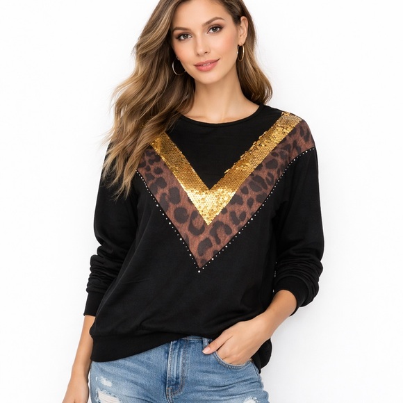 Lovey’s Boutique Tops - NEW Lovey’s Boutique Black Leopard Sequin Top Size M